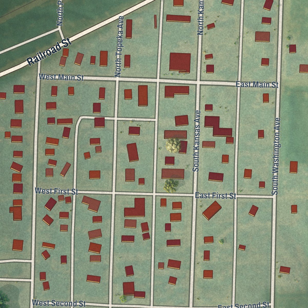Close-up of the map of Jennings, Kansas print showing street and building detail