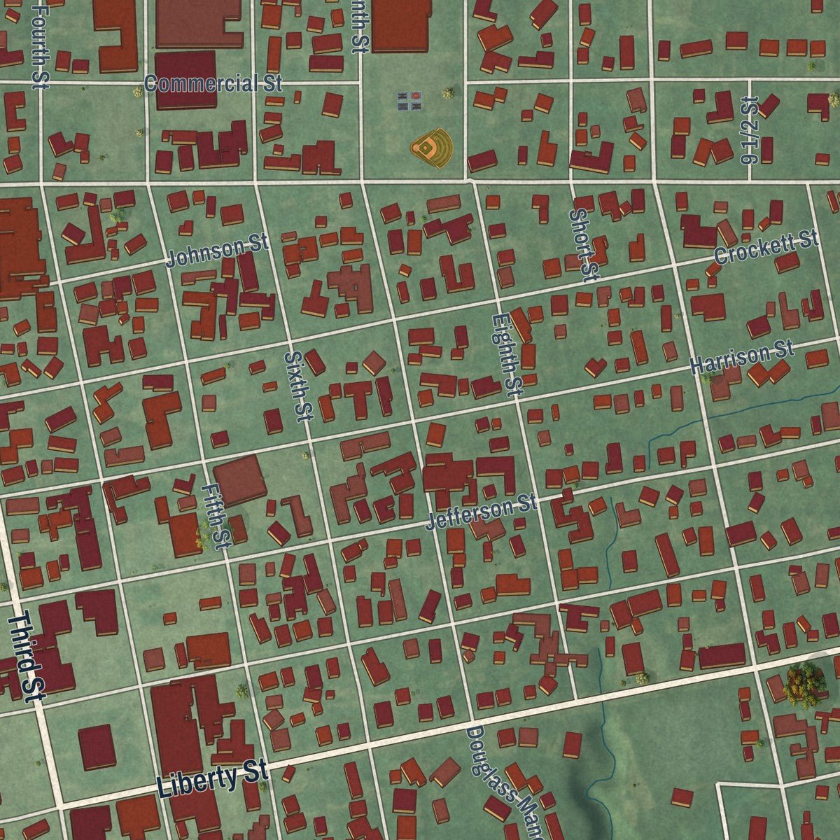 Close-up of the map of Covington, Indiana print showing street and building detail