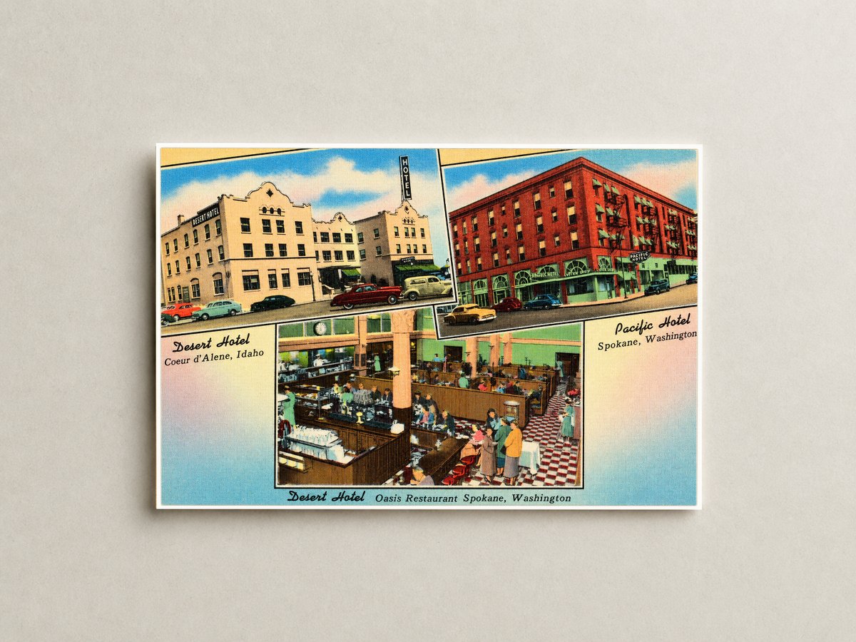 Coeur d'Alene, WA: Desert Hotel, Coeur d'Alene, Idaho. Pacific Hotel, Spokane, Washington. Desert Hotel, Oasis Restaurant, Spokane