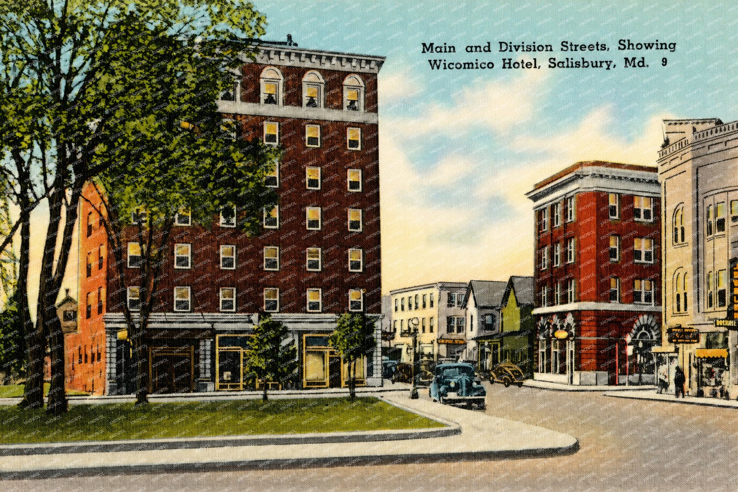 Main and Division Streets, showing Wicomico Hotel, Salisbury, MD — Vintage Maryland Postcard