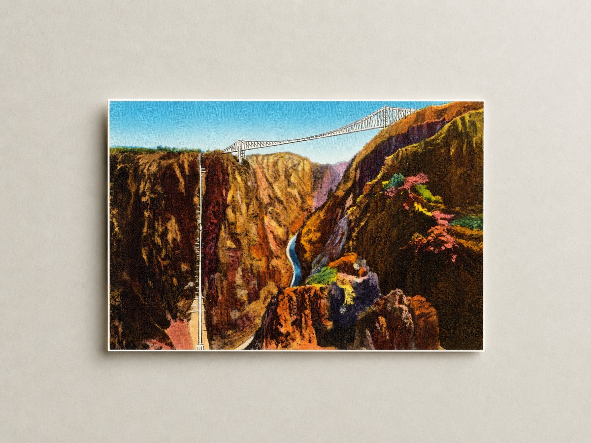 Royal Gorge, CO: Panorama of the Royal Gorge, Colo., one of the world's greatest chasms, showing the world's steepest incline railway and the world's highest bridge.