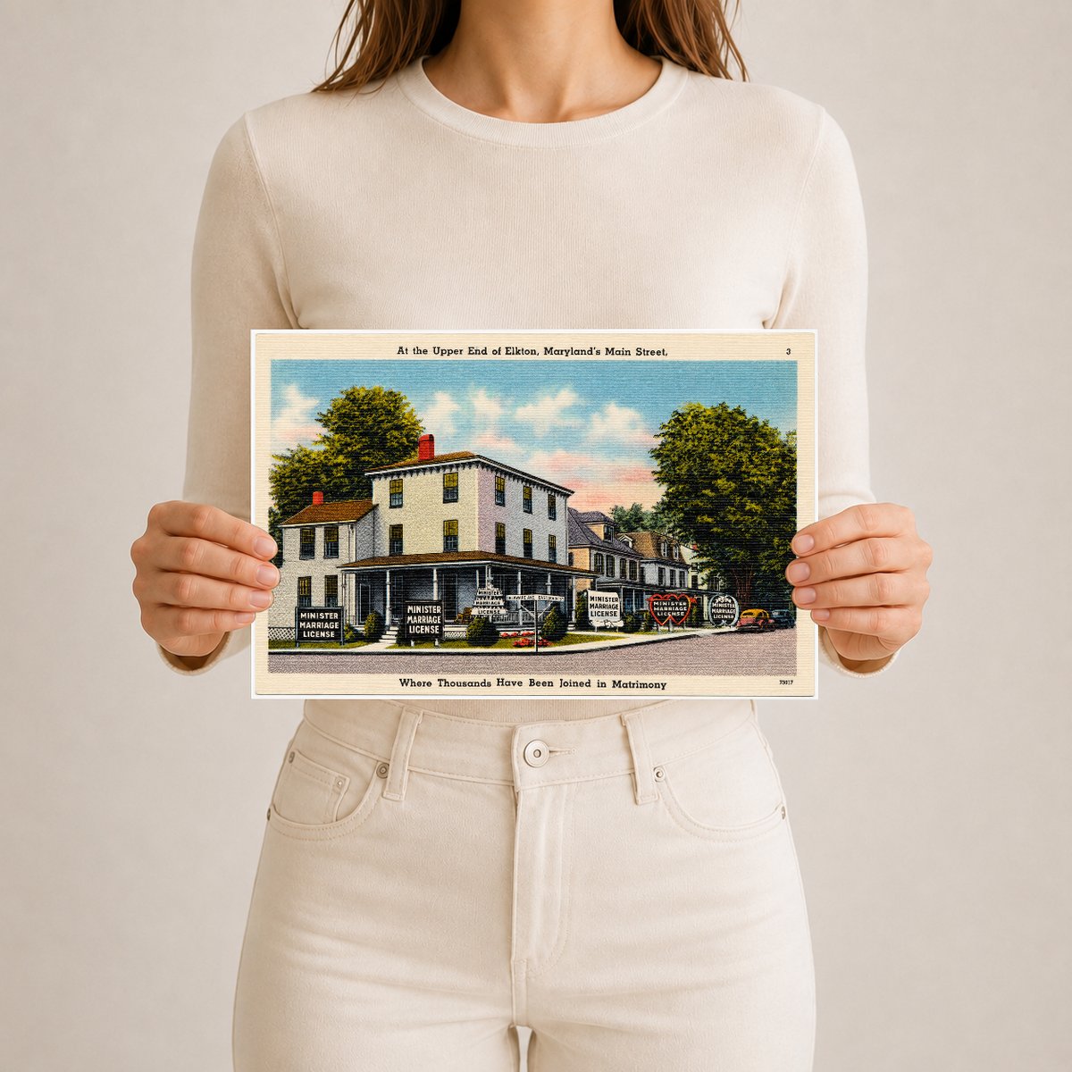At the upper end of Elkton, Maryland's Main Street, where thousands have been joined in matrimony — Vintage Maryland Postcard