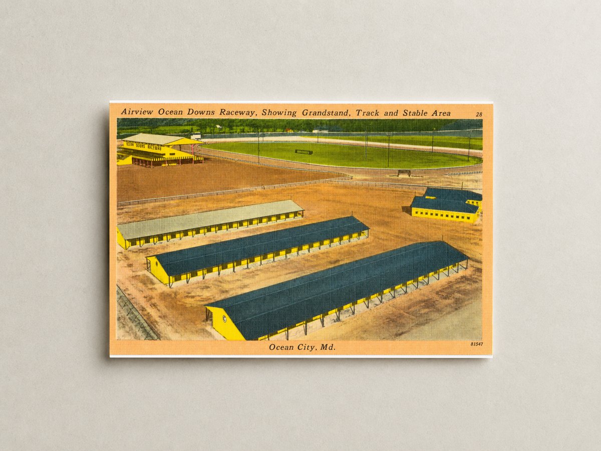 Airview Ocean Downs Raceway, showing grandstand, track and stable area, Ocean City, MD — Vintage Maryland Postcard