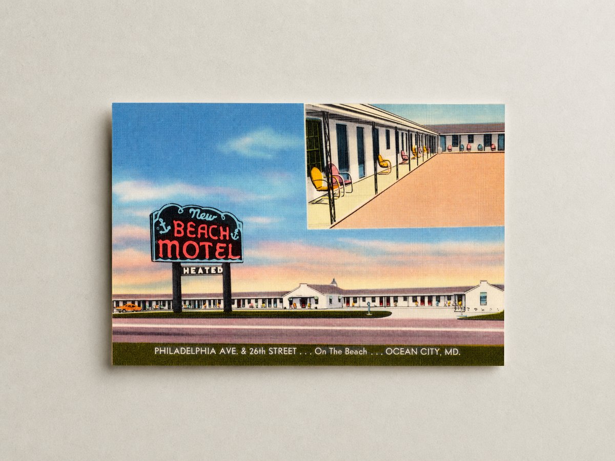 New Beach Motel, Philadelphia Ave., & 26th Street... on the beach... Ocean City, MD — Vintage Maryland Postcard