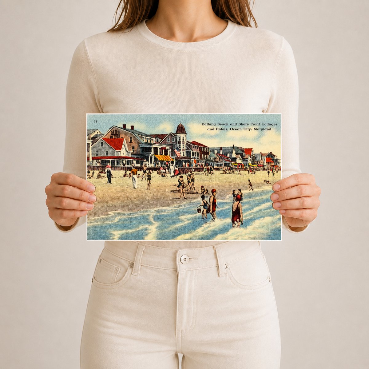 Bathing Beach and shore front cottages and hotels, Ocean City, Maryland — Vintage Maryland Postcard