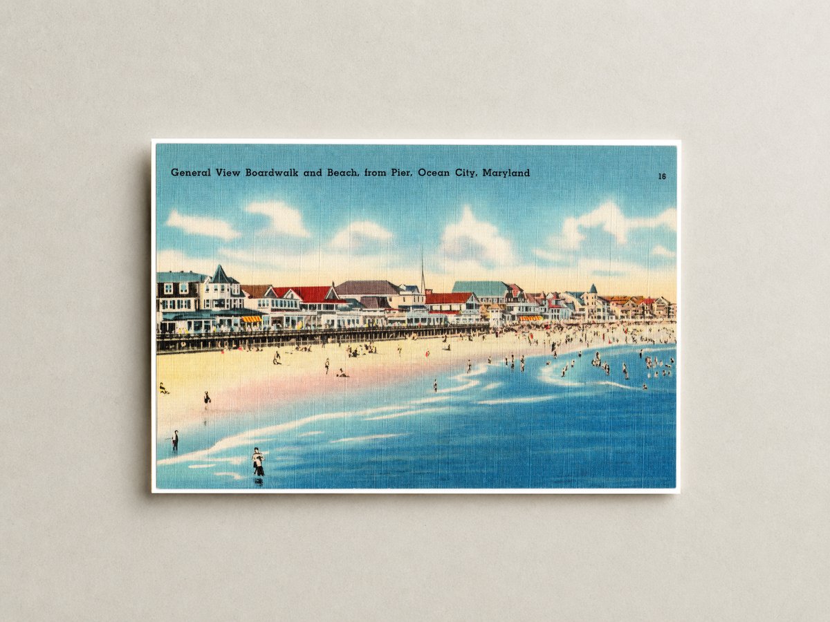 General view boardwalk and beach, from pier, Ocean City, Maryland — Vintage Maryland Postcard