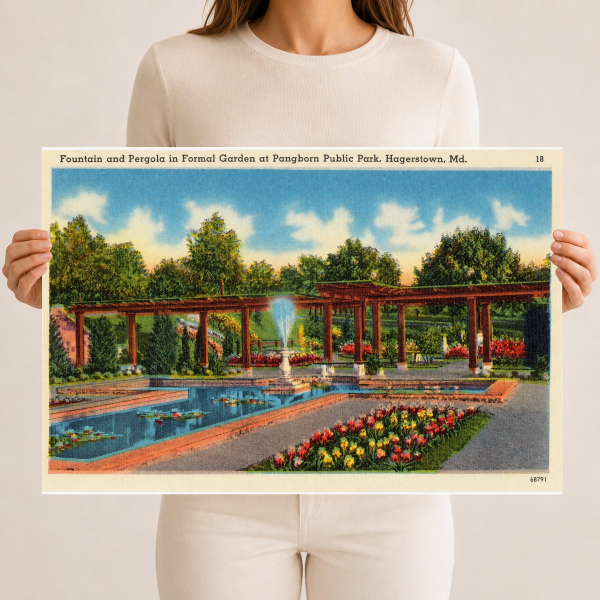 Fountain and pergola in formal garden at Pangborn Public Park, Hagerstown, MD — Vintage Maryland Postcard