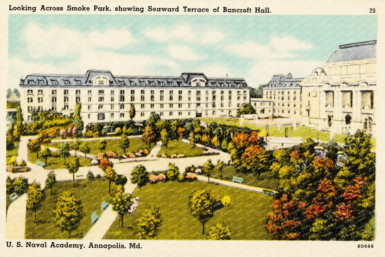 Looking across Smoke Park, showing seaward terrace of Bancroft Hall, U. S. Naval Academy, Annapolis, MD — Vintage Maryland Postcard