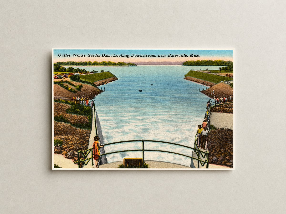Sardis Lake, MS: Outlet works, Sardis Dam, looking downstream, near Batesville