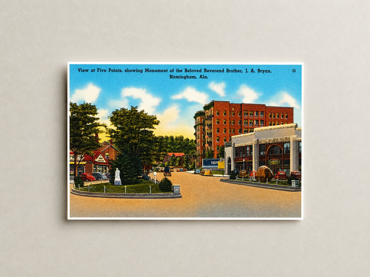 Birmingham, AL: View at Five Points, showing monument of beloved Reverend Brother J. A. Bryan
