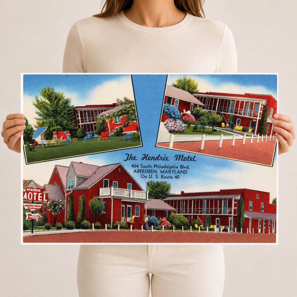 The Hendrix Motel, 404 South Philadelphia Blvd., Aberdeen, Maryland on U. S. Route 40 — Vintage Maryland Postcard