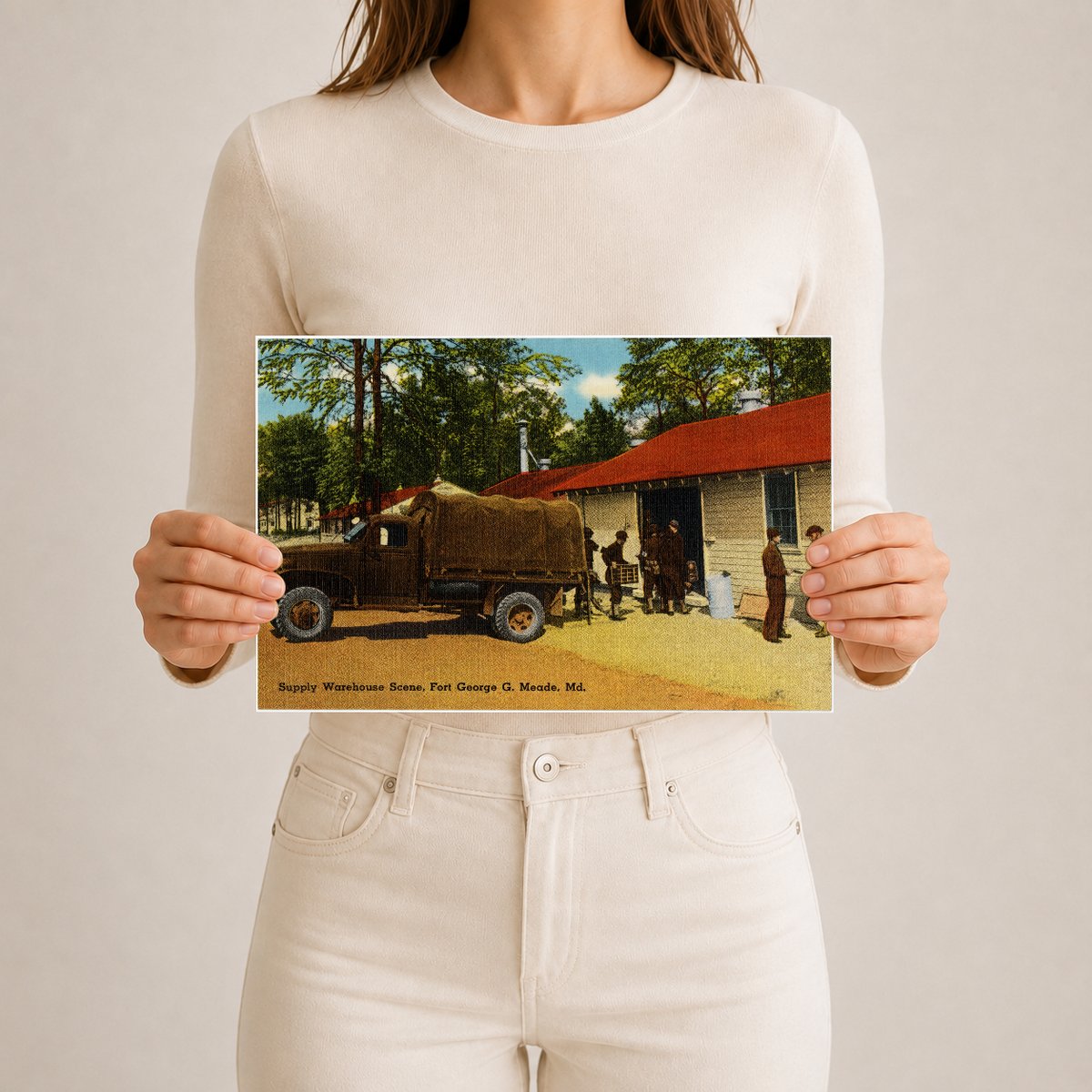 Supply warehouse scene, Fort George G. Meade, MD — Vintage Maryland Postcard