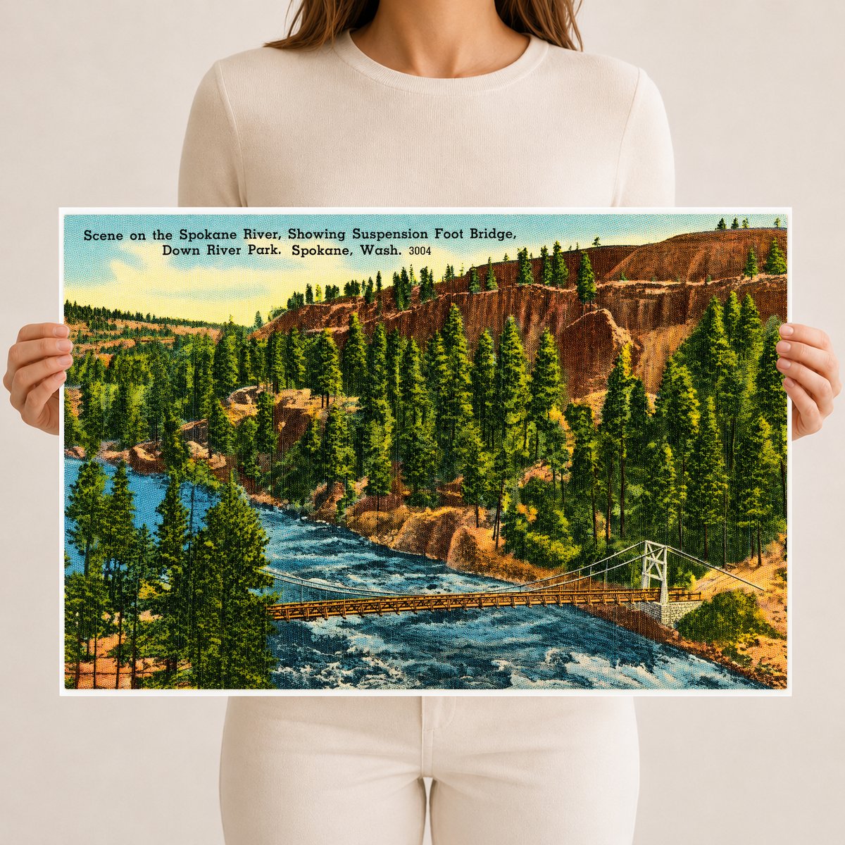 Spokane, WA: Scene on the Spokane River, showing suspension foot bridge, Down River Park
