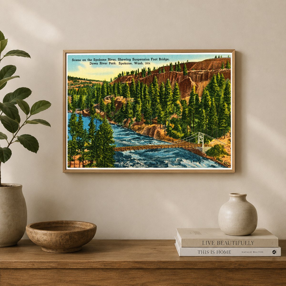 Spokane, WA: Scene on the Spokane River, showing suspension foot bridge, Down River Park