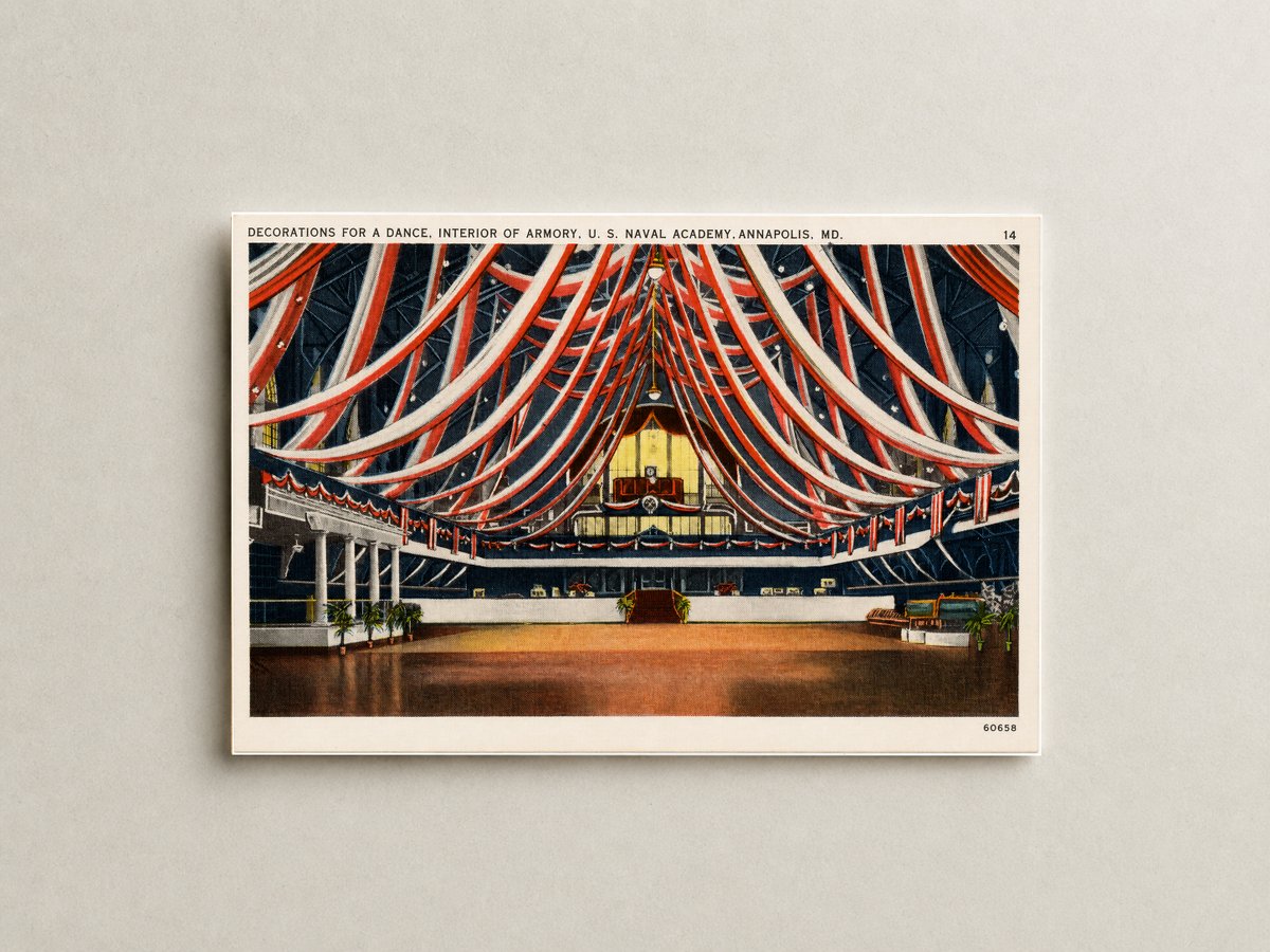 Decorations for a dance, interior of armory, U. S. Naval Academy, Annapolis, MD — Vintage Maryland Postcard