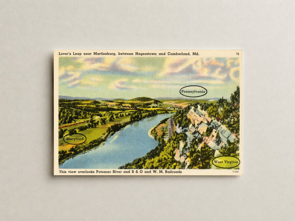 Lover's Leap near Martinsburg, between Hagerstown and Cumberland, MD This view overlooks Potomac River & B & O and W. M. Railroads. — Vintage Maryland Postcard