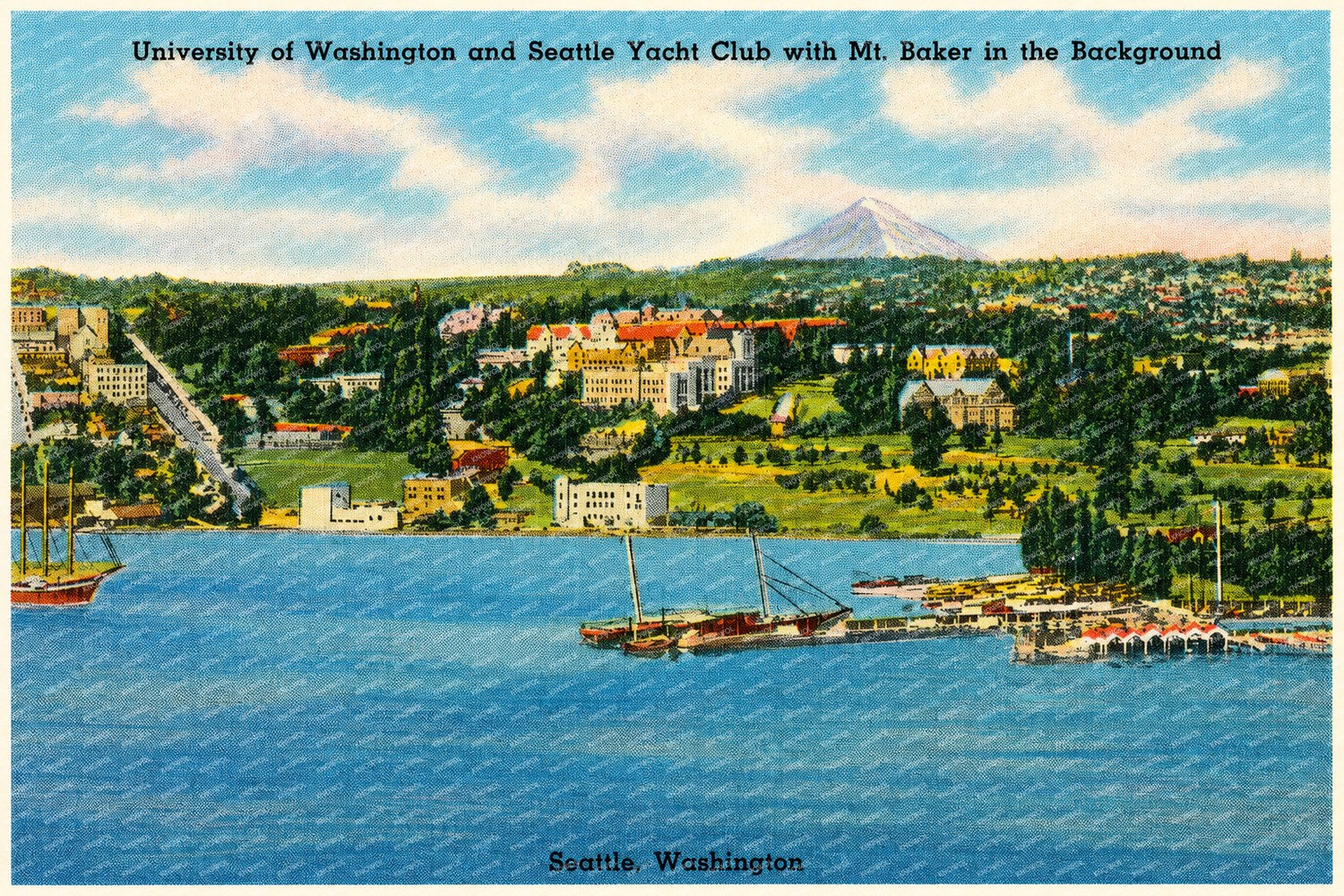 Seattle, WA: University of Washington and Seattle Yacht Club with Mt. Baker in the background