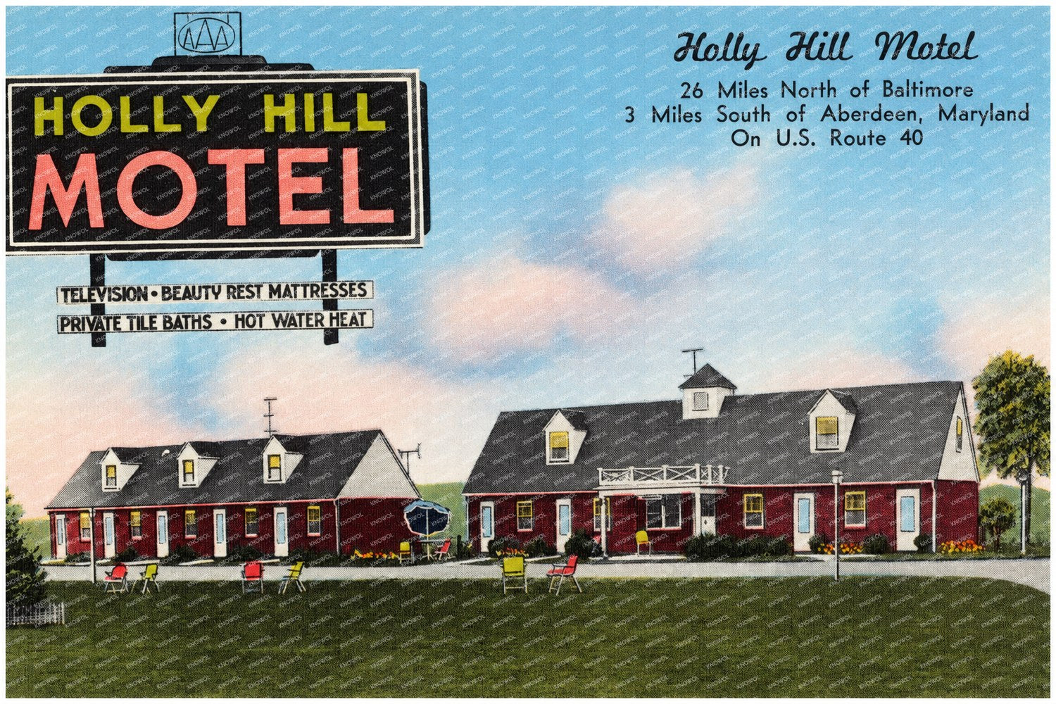 Holly Hill Motel, 26 miles north of Baltimore, 3 miles south of Aberdeen, Maryland, on U. S. Route 40 — Vintage Maryland Postcard