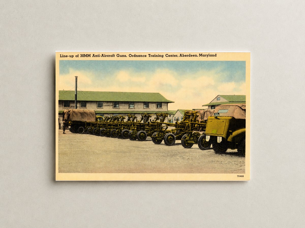 Line-up of 30MM Anti-Aircraft Guns, Ordnance Training Center, Aberdeen, Maryland — Vintage Maryland Postcard