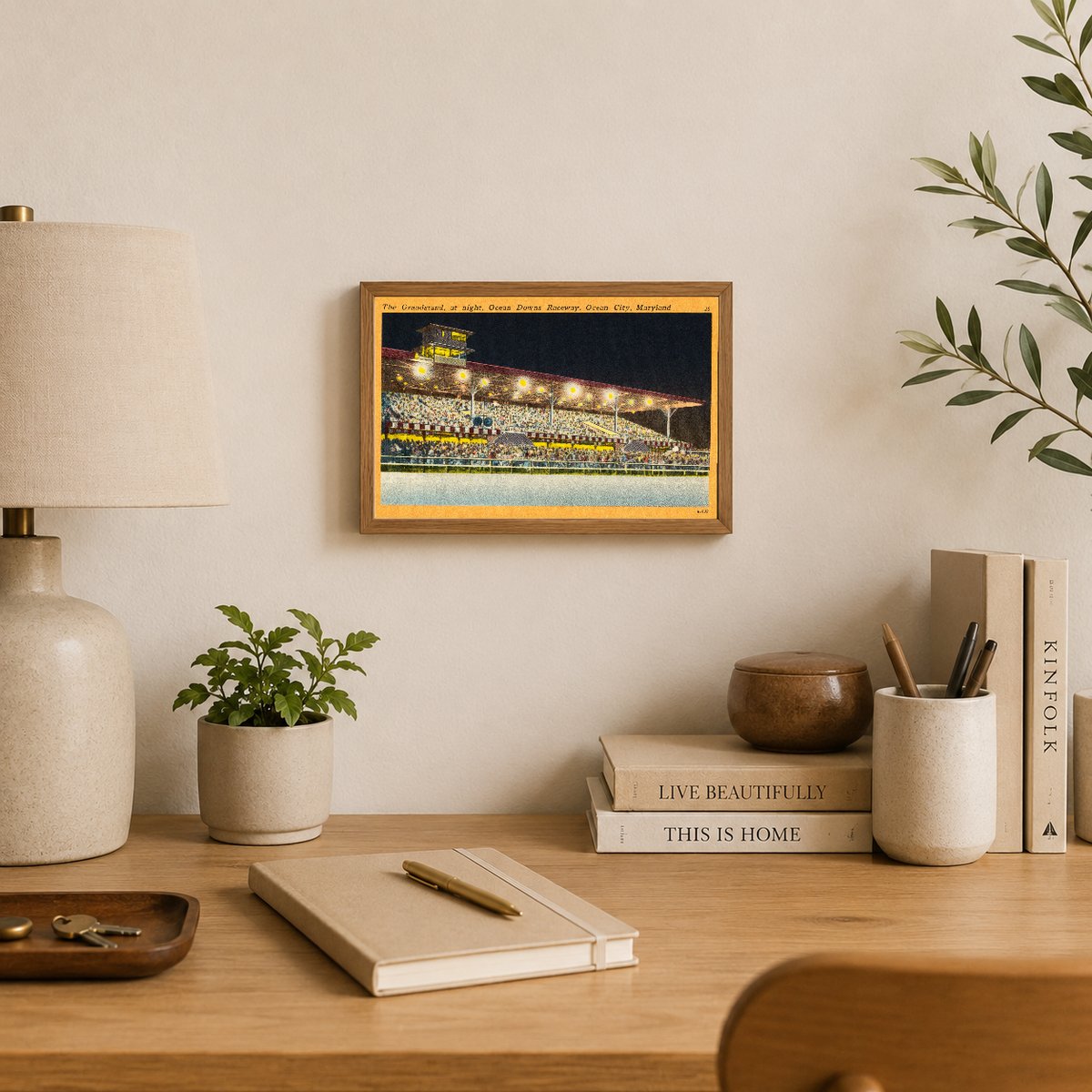 The grandstand, at night, Ocean Downs Raceway, Ocean City, Maryland — Vintage Maryland Postcard