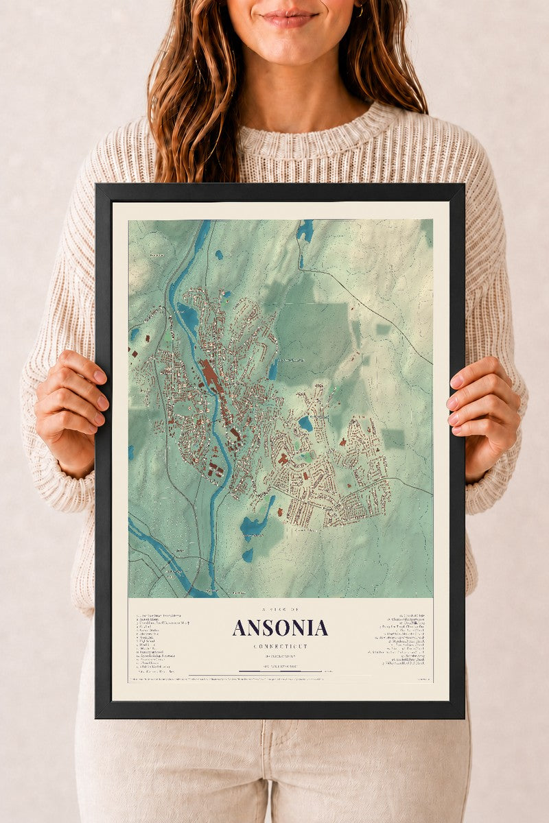 Ansonia, Connecticut map print, 12" x 18", W/ Black Ayous Wood Frame