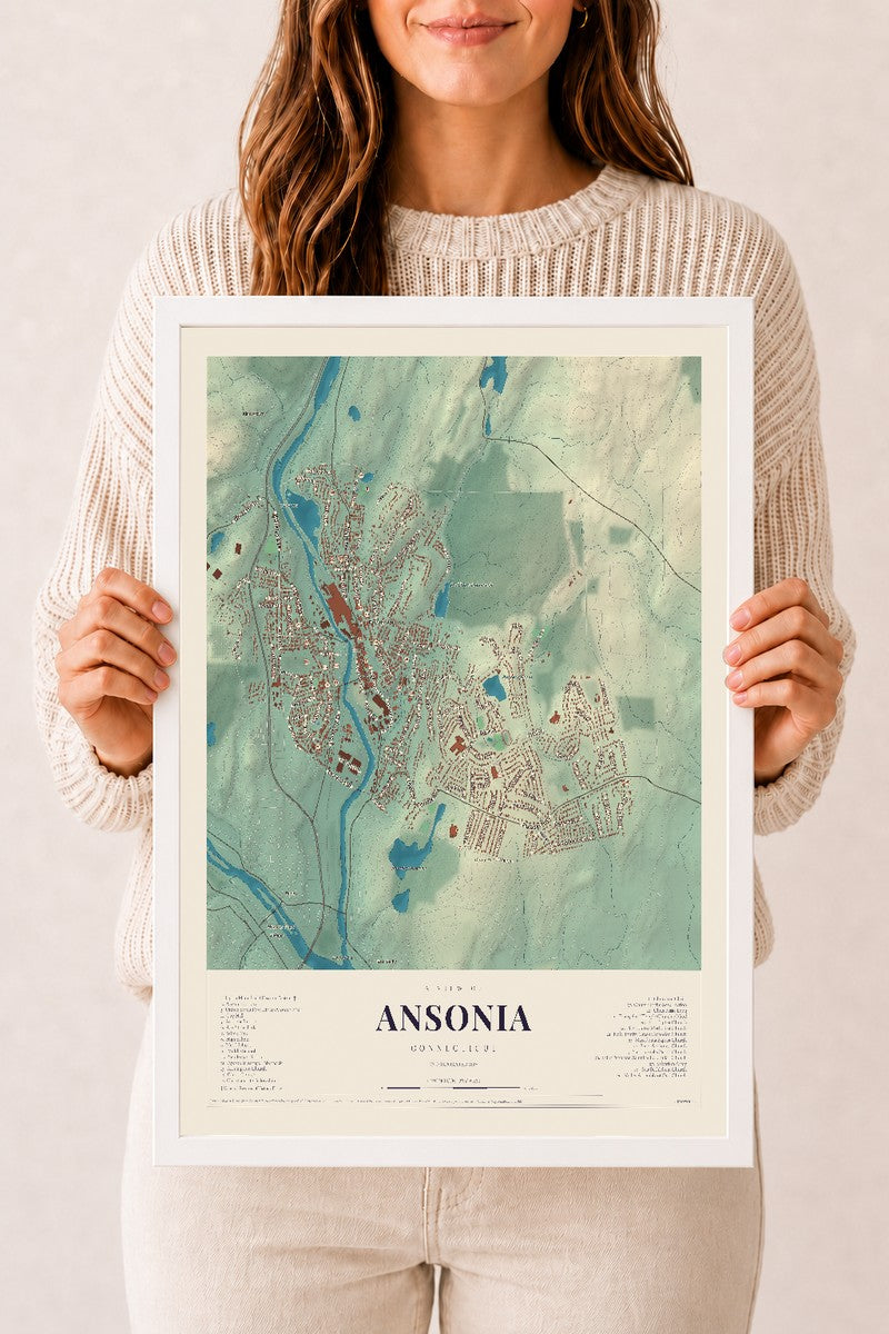 Ansonia, Connecticut map print, 12" x 18", W/ White Ayous Wood Frame