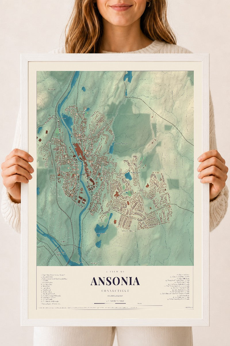 Ansonia, Connecticut map print, 18" x 24", W/ White Ayous Wood Frame