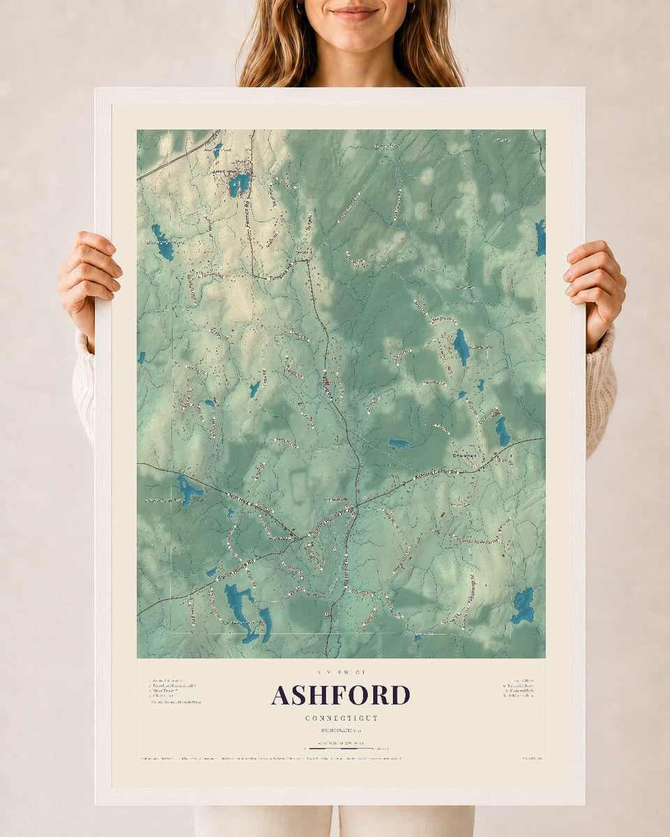 Ashford, Connecticut map print, 24" x 36", W/ White Ayous Wood Frame