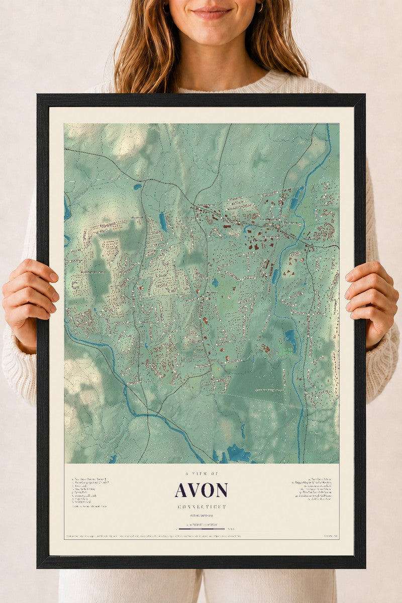 Avon, Connecticut map print, 18" x 24", W/ Black Ayous Wood Frame