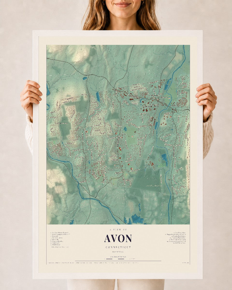 Avon, Connecticut map print, 24" x 36", W/ White Ayous Wood Frame