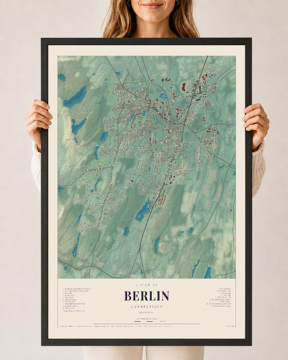 Berlin, Connecticut map print, 24" x 36", W/ Black Ayous Wood Frame