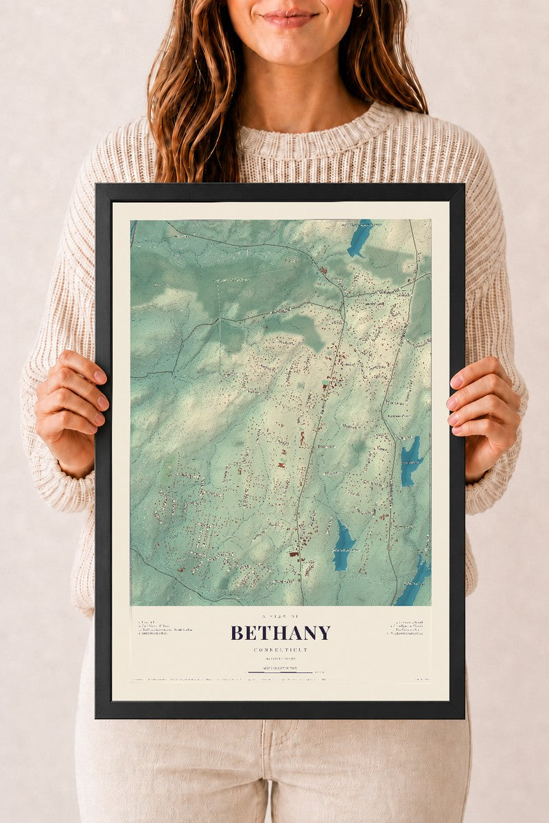 Bethany, Connecticut map print, 12" x 18", W/ Black Ayous Wood Frame