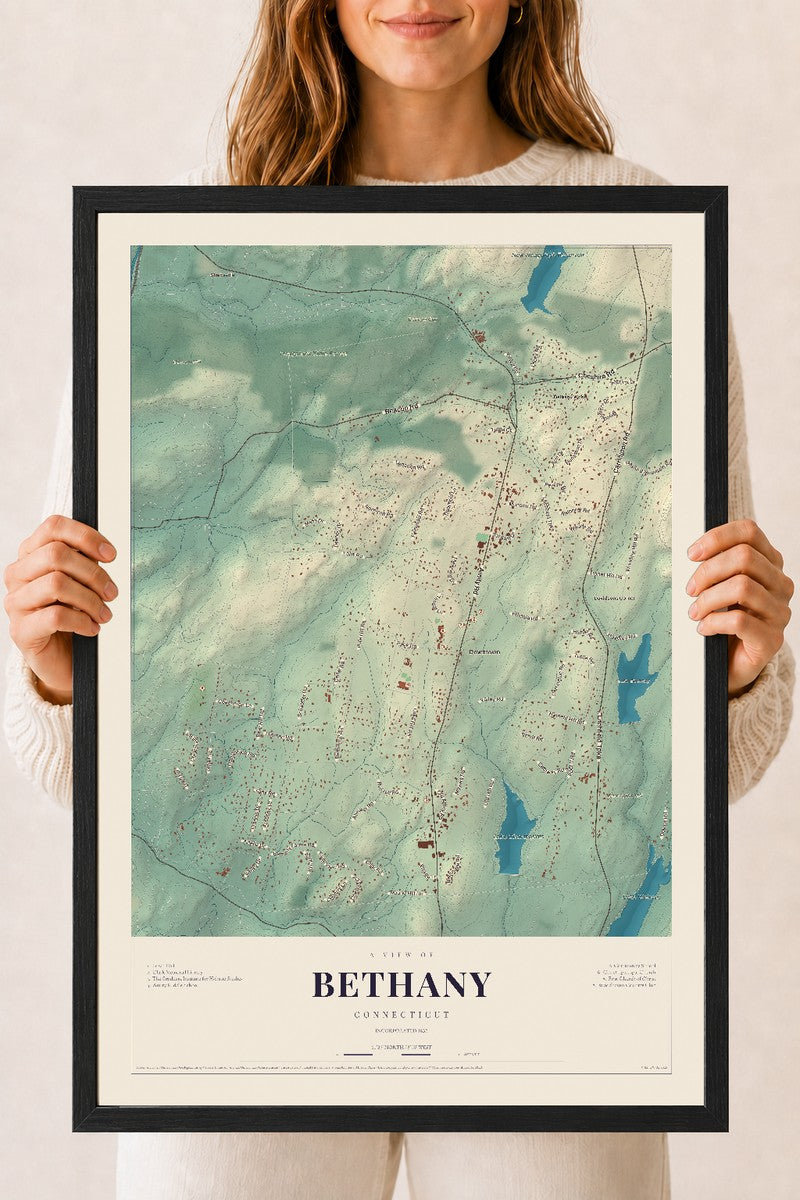 Bethany, Connecticut map print, 18" x 24", W/ Black Ayous Wood Frame