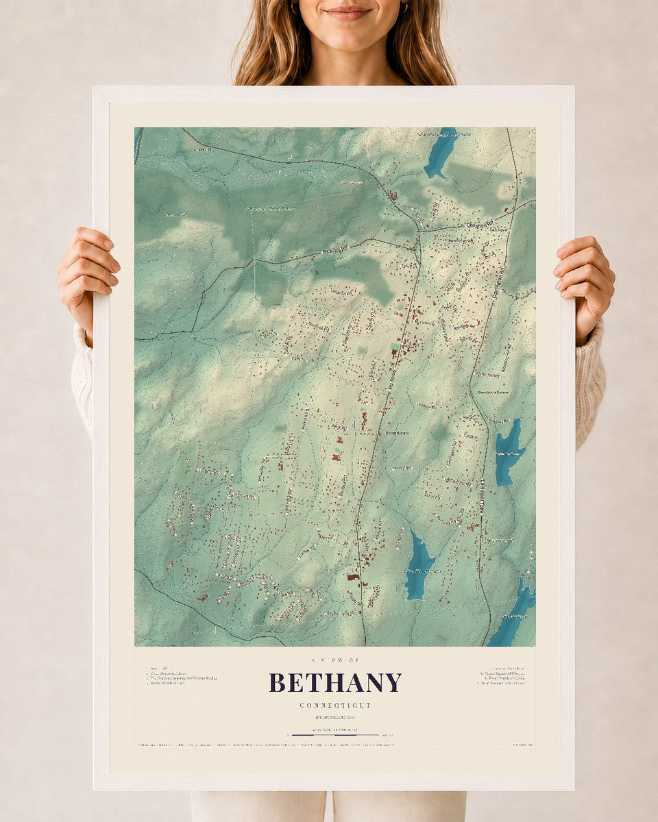 Bethany, Connecticut map print, 24" x 36", W/ White Ayous Wood Frame