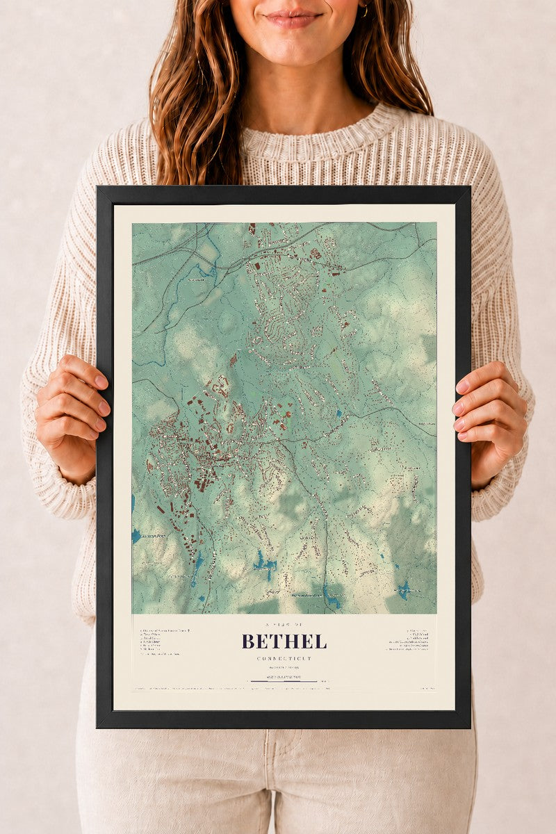 Bethel, Connecticut map print, 12" x 18", W/ Black Ayous Wood Frame