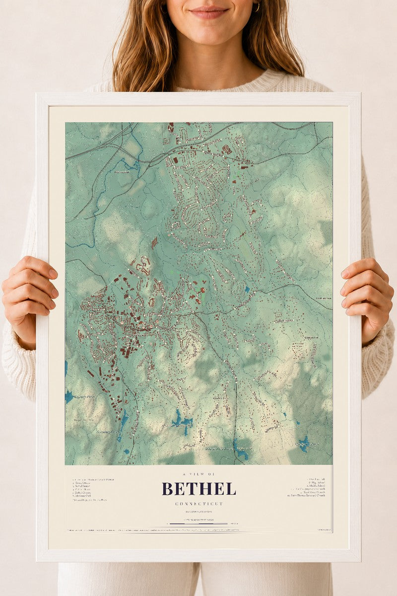 Bethel, Connecticut map print, 18" x 24", W/ White Ayous Wood Frame