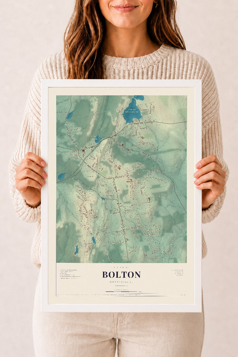 Bolton, Connecticut map print, 12" x 18", W/ White Ayous Wood Frame