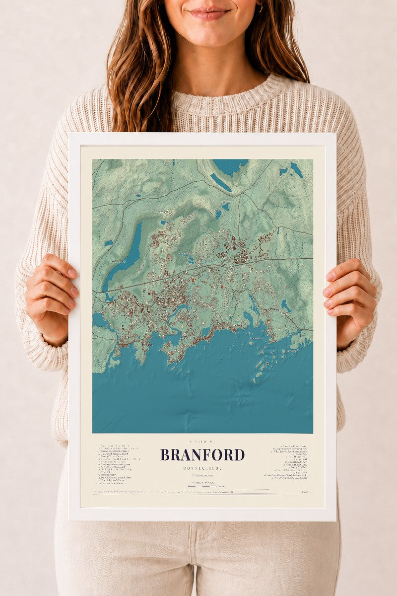 Branford, Connecticut map print, 12" x 18", W/ White Ayous Wood Frame