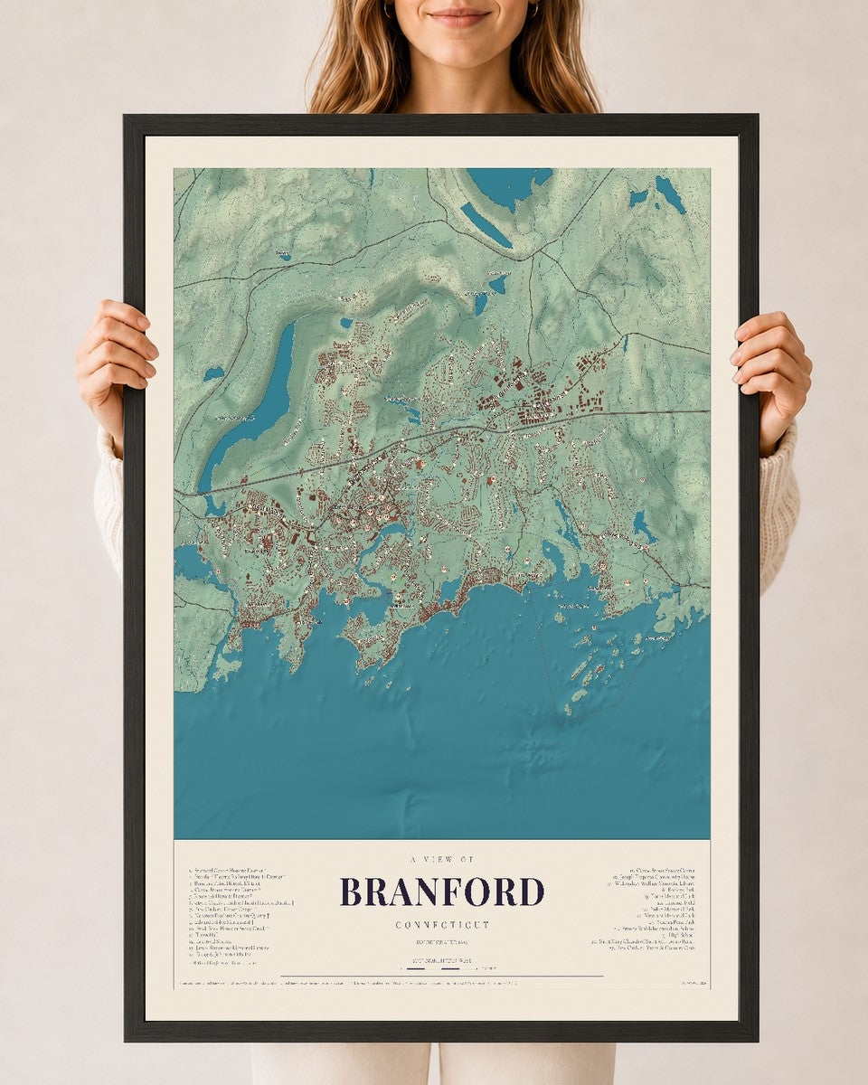 Branford, Connecticut map print, 24" x 36", W/ Black Ayous Wood Frame