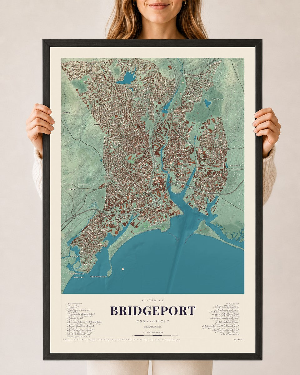 Bridgeport, Connecticut map print, 24" x 36", W/ Black Ayous Wood Frame