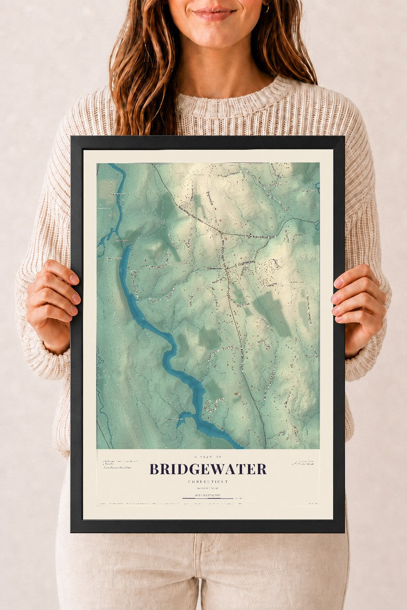 Bridgewater, Connecticut map print, 12" x 18", W/ Black Ayous Wood Frame