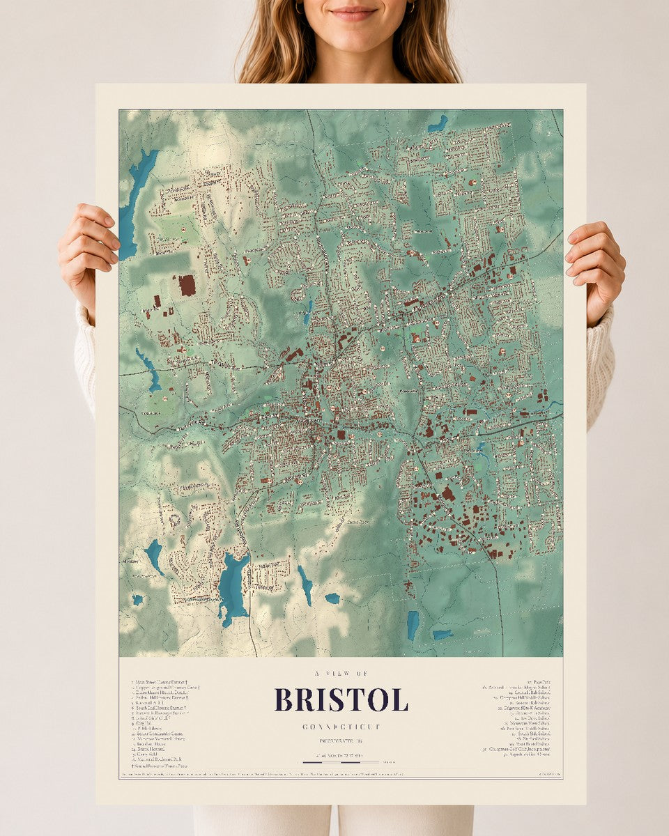 Bristol, Connecticut map print, 24" x 36", Archival Matte Print