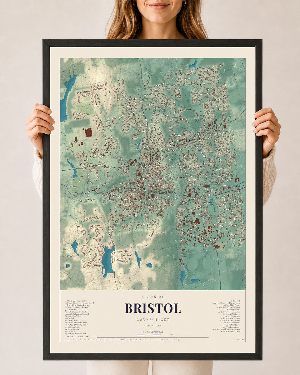 Bristol, Connecticut map print, 24" x 36", W/ Black Ayous Wood Frame