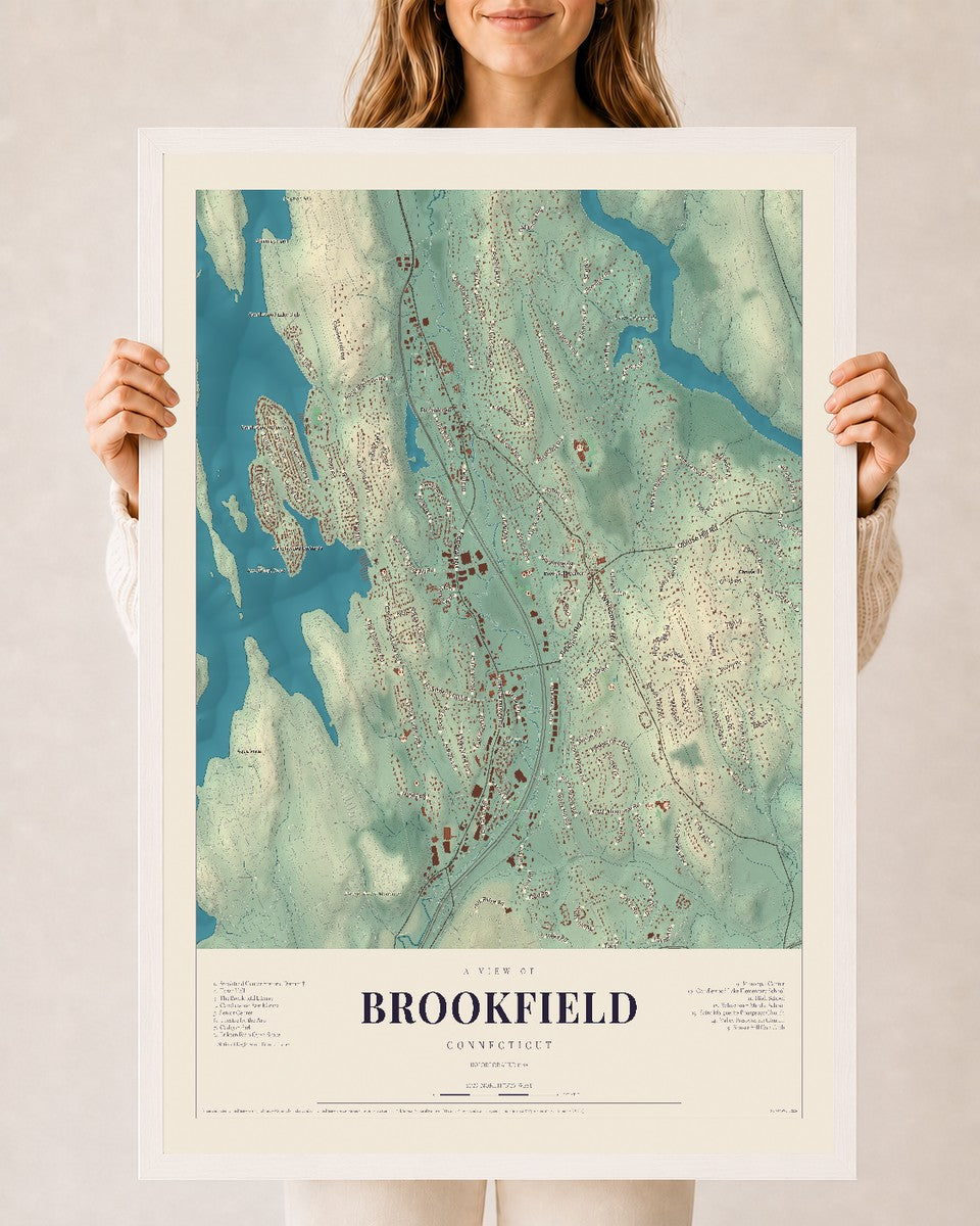 Brookfield, Connecticut map print, 24" x 36", W/ White Ayous Wood Frame