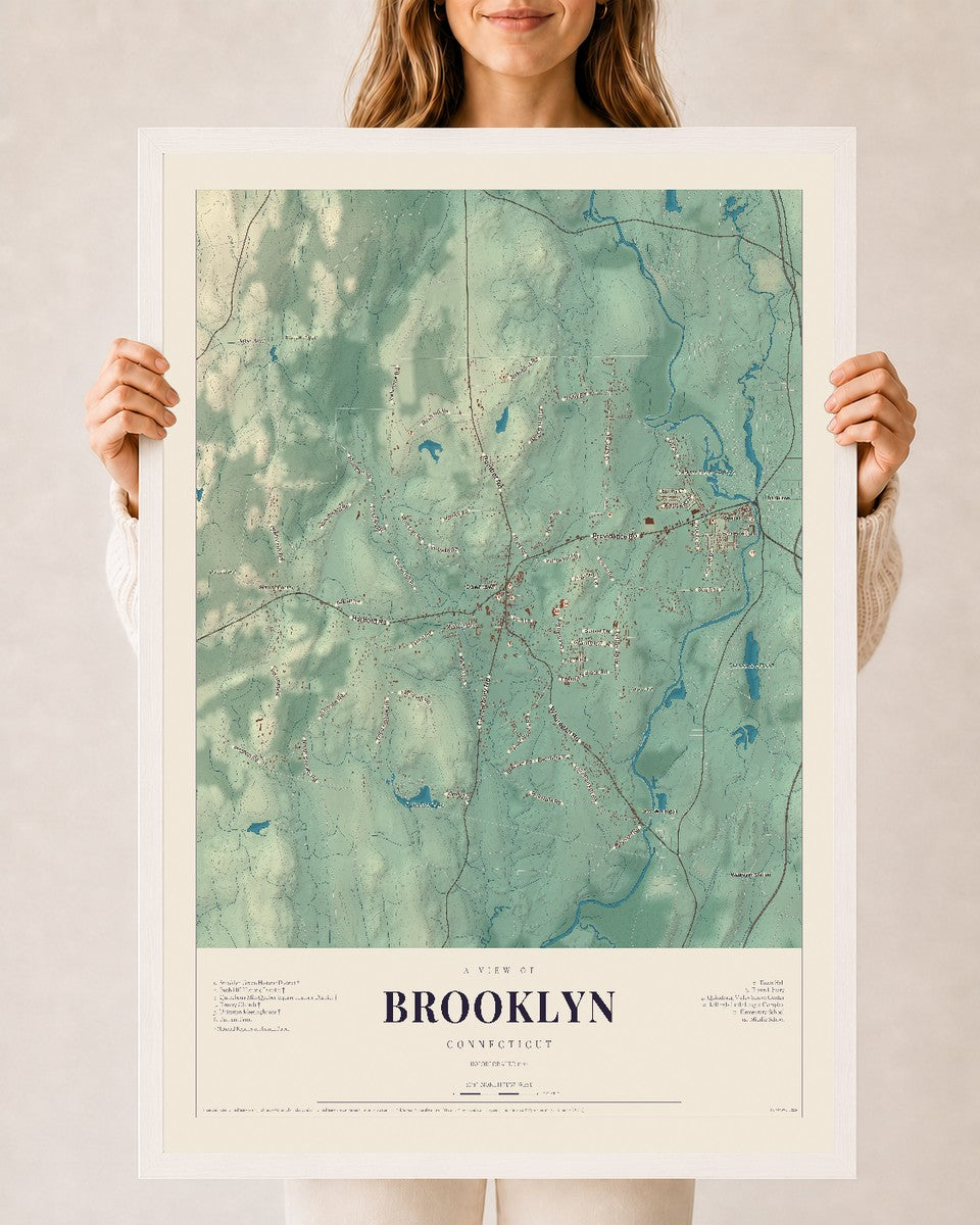 Brooklyn, Connecticut map print, 24" x 36", W/ White Ayous Wood Frame