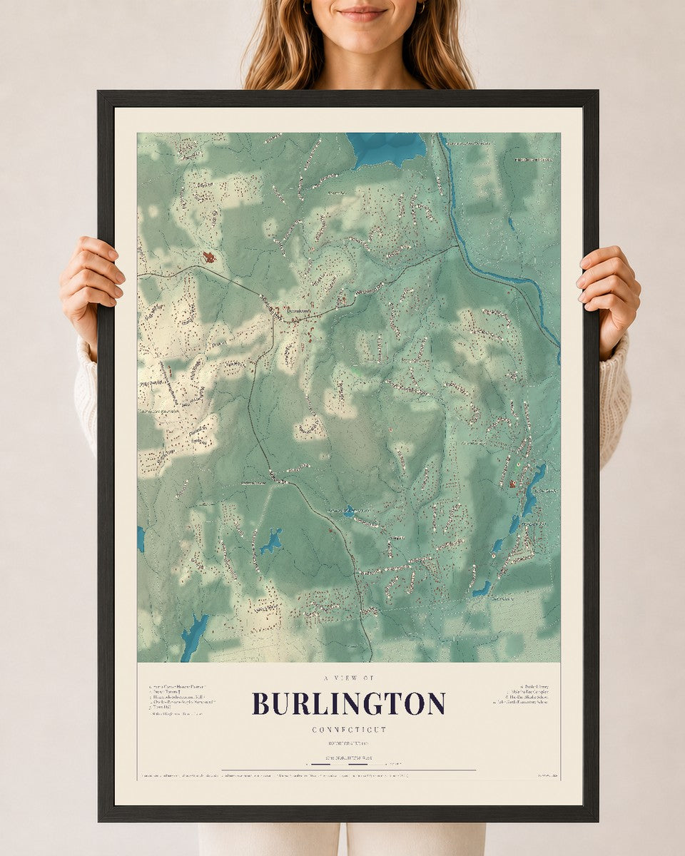 Burlington, Connecticut map print, 24" x 36", W/ Black Ayous Wood Frame