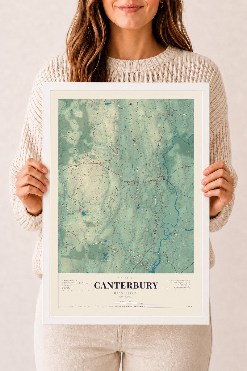 Canterbury, Connecticut map print, 12" x 18", W/ White Ayous Wood Frame