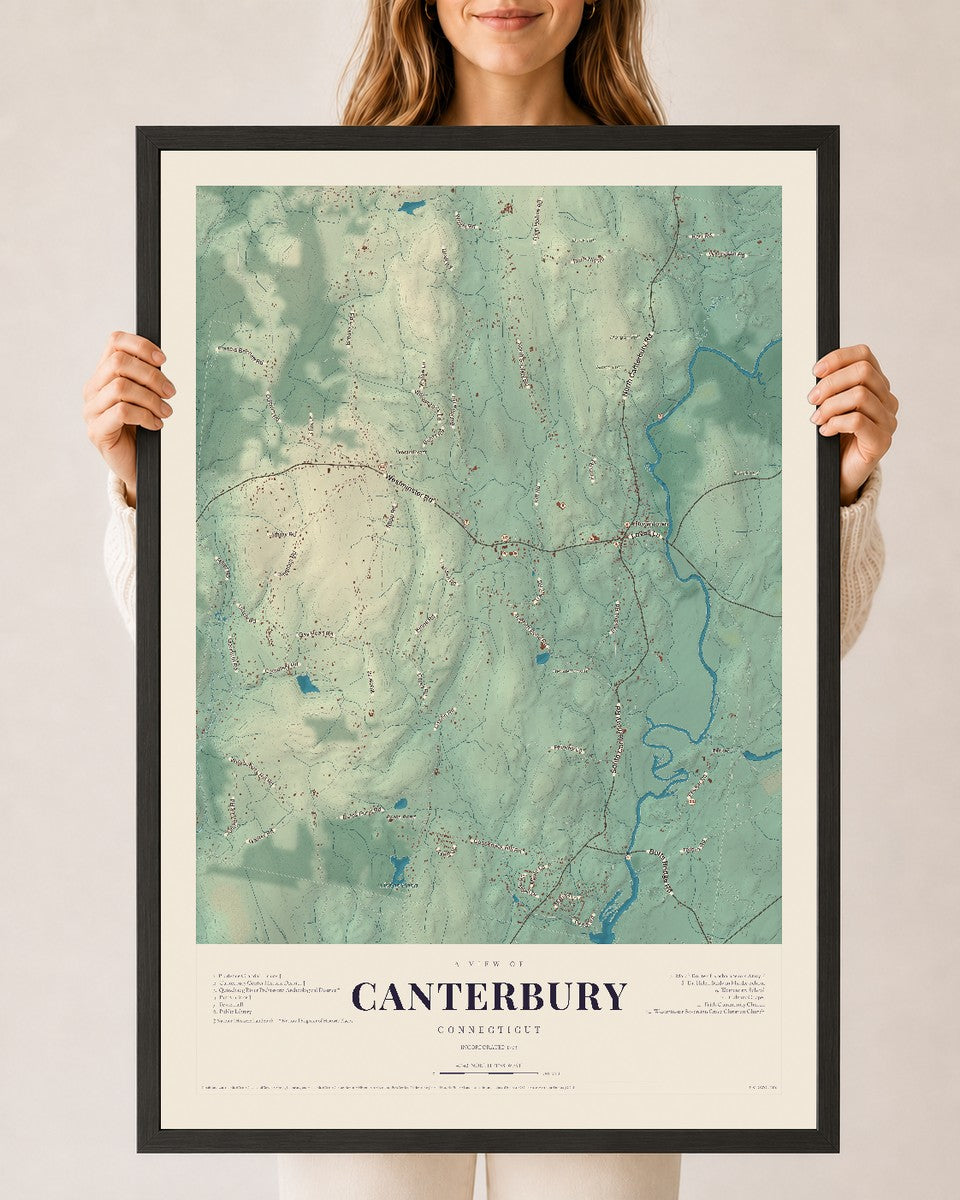 Canterbury, Connecticut map print, 24" x 36", W/ Black Ayous Wood Frame