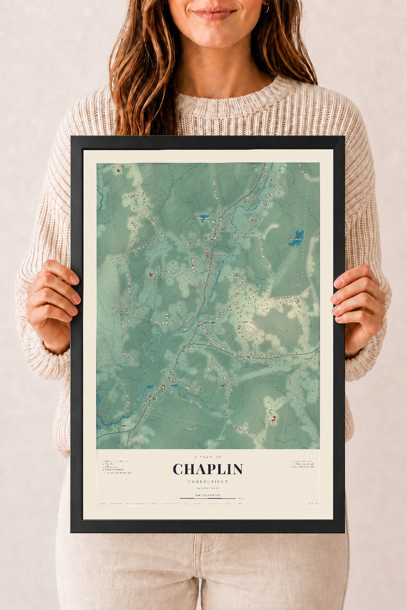 Chaplin, Connecticut map print, 12" x 18", W/ Black Ayous Wood Frame