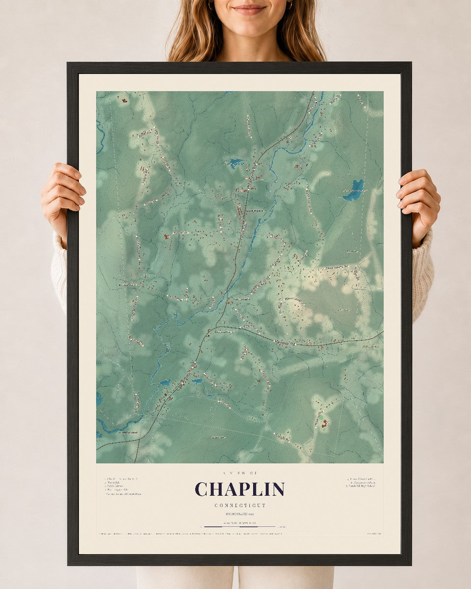 Chaplin, Connecticut map print, 24" x 36", W/ Black Ayous Wood Frame